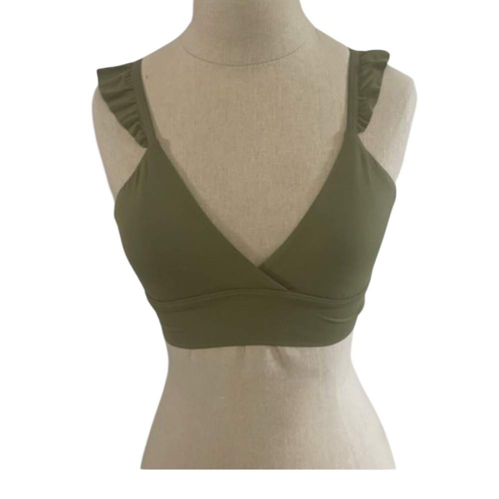 LARGE OFFLINE by Aerie Real Me Xtra Sports Bra Ruffle Olive Green Feminine
